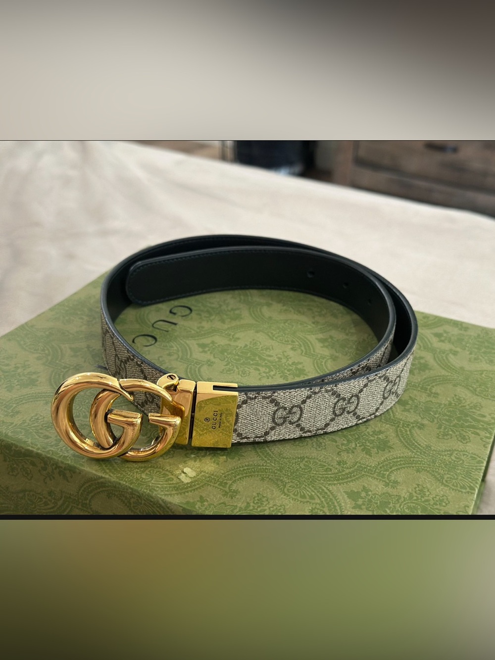 Gucci Gray GG Supreme Belt with Gold Double G Buckle
